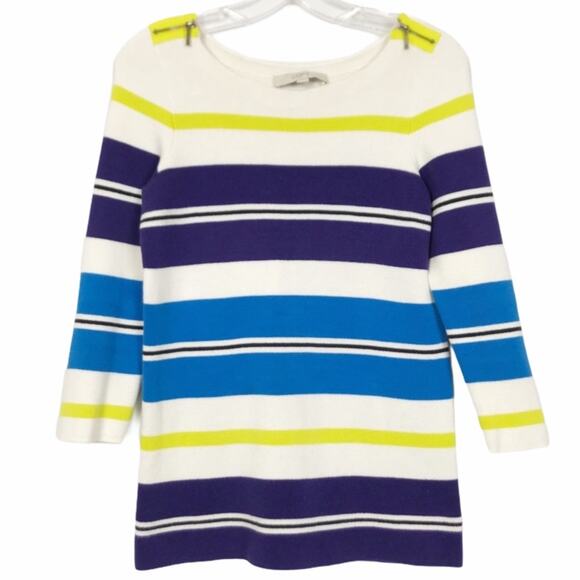 Loft Cream Yellow Blue Striped 3/4 Sleeve Sweater Sz XS - Picture 1 of 7